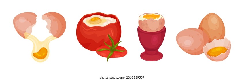 Raw Egg in Cracked Shell and in Tomato Vector Set