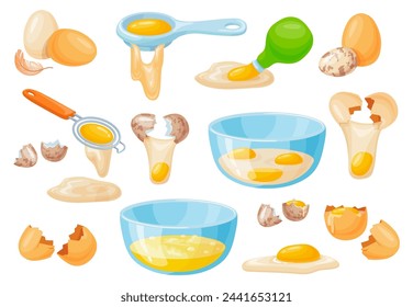 Raw egg yolk. Protein benefit of chicken eggs, broken shell crack smash eggshell liquid yellow yolks in bowl healthy breakfast, poultry organic ingredients neat vector illustration