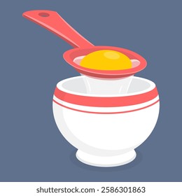 A raw egg.  Egg yolk separator over a bowl and adding an ingredient to a dish. Vector illustration in a flat style on dark background.