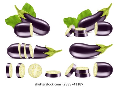 Raw eggplant set. Whole and sliced aubergine isolated on white background. Fresh eggplant with leaves. Vegetarian food. top view, flat lay. Realistic 3d vector illustration.