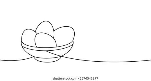 Raw eggs in bowl one line continuous drawing. Organic farm product. Vector illustration