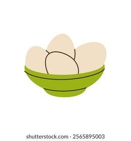 Raw eggs in bowl. Organic farm chicken eggs. Vector illustration.