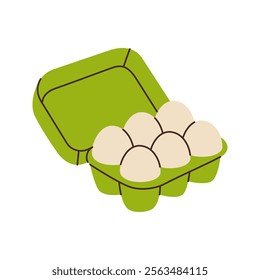 Raw eggs in cardboard container. Organic farm chicken eggs. Vector illustration.