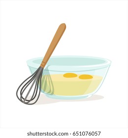Raw eggs in a glass bowl and whisk for whipping vector Illustration