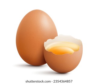 Raw eggs, whole and broken egg half with a yolk isolated on a white background. Brown сhicken egg smashed. Healthy diet. Realistic 3d vector illustration