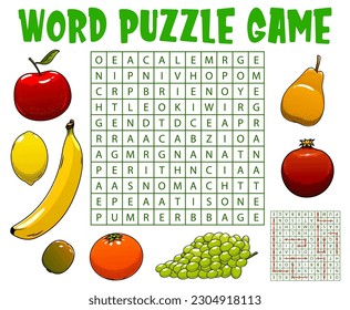 Raw farm fruits, word search puzzle game worksheet, vector kids quiz grid. Search and find word riddle quiz with apple, banana and pear, tangerine or kiwi and grapes with pomegranate and lemon