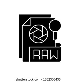 RAW-Datei schwarze Glyphe Symbol. Kamera-Rohbilddatei. Dateierweiterung. Unkomprimierte Bilder. Digitalkameras und Scanner. Zustand unverändert. Silhouette-Symbol auf weißem Raum. Vektorgrafik einzeln