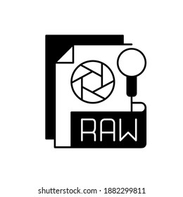 RAW file black linear icon. Camera raw image file. File extension. Uncompressed images. Digital cameras and scanners. Unedited state. Outline symbol on white space. Vector isolated illustration