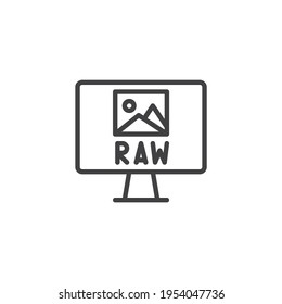 RAW file format line icon. linear style sign for mobile concept and web design. Computer monitor with raw file outline vector icon. Symbol, logo illustration. Vector graphics