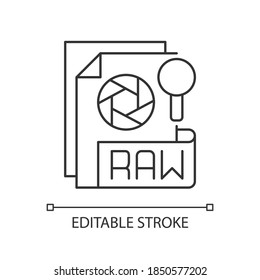 RAW file pixel perfect linear icon. Camera raw image file. File extension. Unedited state. Thin line customizable illustration. Contour symbol. Vector isolated outline drawing. Editable stroke