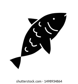Raw fish glyph icon. Marine cuisine, fishing hobby silhouette symbol. Negative space. Saltwater animal with fins, gills and scales vector isolated illustration. Delicious natural seafood, tasty eating