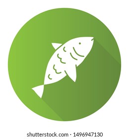 Raw fish green flat design long shadow glyph icon. Saltwater animal with fins, gills and scales vector silhouette illustration. Marine cuisine, fishing symbol. Delicious natural seafood, tasty eating