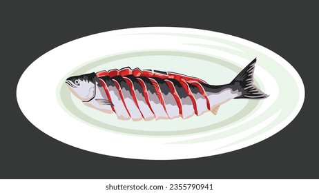 Pescado crudo en la ilustración de plat vectorial. Libro de ilustraciones, camiseta, patrón, fondo.