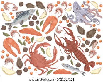 Raw fish, salmon fillet, octopus, mussels, gourmet dinner, lobster, crab, shrimps, lemon pieces, delicious seafood set