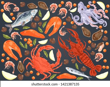 Raw fish, salmon fillet, octopus, mussels, gourmet dinner, lobster, crab, shrimps, lemon pieces, delicious seafood set