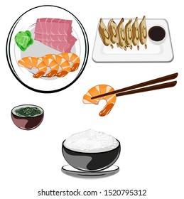 raw fish sashimi,shrimp, fried wonton, rice, seaweed salad,Japanese set meal,