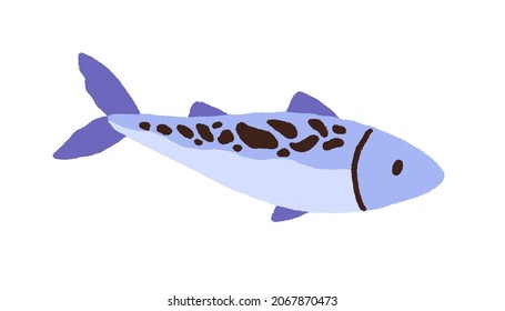 Raw Fish With Spots. Side View Of Whole Tuna, Sea Food. Fresh Trout, Seafood In Doodle Style. Colored Flat Vector Illustration Of Salmon Isolated On White Background