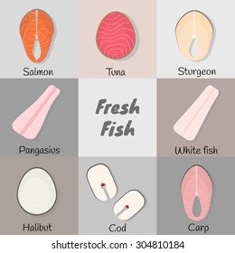 Raw fish steaks collection. Healthy food concept. Salmon, tuna, cod, white fish, halibut, carp, pangasius, sturgeon. Can be used for menu, cooking recipes, articles, illustrations, web. Top view.