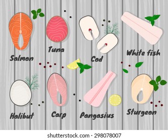 Raw fish steaks set. Salmon, tuna, cod, whitefish, halibut, carp, pangasius, sturgeon on wooden background. Can be used for menu, cooking recipes, articles, illustrations, web.