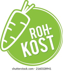 Rohe Lebensmittelkennzeichnung mit Symbol - Deutsche Übersetzung: Rohkost Button mit Symbol.