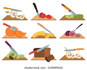 Raw food cutting. Chef cut vegetables and fruits with knife on wood board. Healthy shack, salad ingredients prepare. Chop bread and meal decent vector set