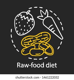 Raw food diet chalk concept icon. Vegan lifestyle idea. Organic carrot, peanut and strawberry vector isolated chalkboard illustration. Vegetarian nutrition, healthy meal. Delicious natural snacks