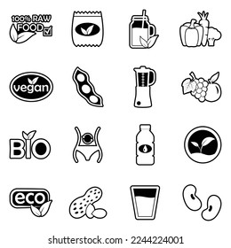 Raw Food Diet Icons. Line With Fill Design. Vector Illustration.