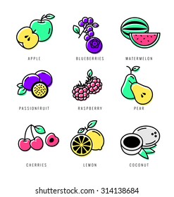 Raw food. Fresh fruit icon set. Line design.