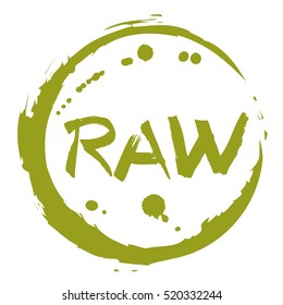 Raw food hand drawn round label isolated vector illustration. Healthy food symbol. Raw icon. Logo for vegetarian restaurant menu, cafe, farm market and organic products packaging. Raw food lettering
