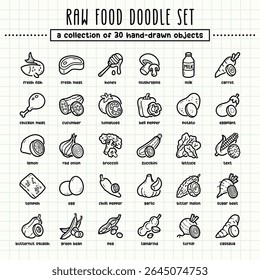 Raw food hand-drawn doodle art illustrations and elements. felt-tip pen marker style on grid paper, great for various creative design uses.