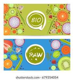Raw food horizontal flyers set vector illustration. Vegetarian, gmo free, fresh and natural, best quality, healthy lifestyle, bio and eco nutrition concept. Fruits and vegetables colorful background.