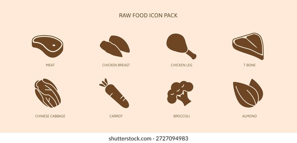 Conjunto de iconos de alimentos crudos que incluyen carne, pechuga de pollo, carne de res, hueso, repollo, zanahoria, brócoli, almendra para cocinar para el cuidado de la salud. Proteína y fibra vitamínica limpian los alimentos para una nutrición saludable iconos de glifos.