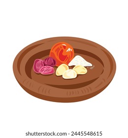 Raw food ingredients for making sweet and salty saviour delicious cooking condiment. Salt, tomato, white and red garlics on brown plate mortar wooden grinder. Simple flat cartoon art styled drawing.