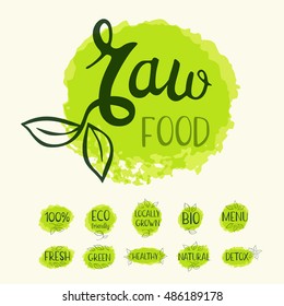 Raw food logo, lettering design, calligraphy logotype, leaf, set of stickers, green labels. Eco, bio, locally grown, natural, detox, healthy, menu. Hand drawn vector illustration.