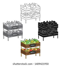 Raw food lying on rack shelves icon in cartoon,black style isolated on white background. Supermarket symbol stock vector illustration.