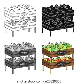 Raw food lying on rack shelves icon in cartoon style isolated on white background. Supermarket symbol stock vector illustration.