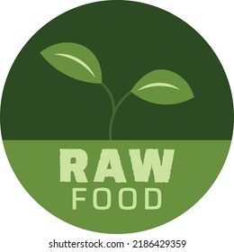 raw food round vector icon. vector illustration of leaves in shades of green with "raw food" inscriptions highlighted. ideal logo for food or cosmetic products.