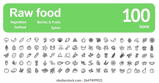 Raw Food Sign Black Thin Line Icon Set Include of Vegetable, Spice, Fruit, Berry and Seafood. Vector illustration of Icons