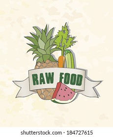 Raw Food sign, fruits and vegetables, pineapple, carrot, zucchini, watermelon