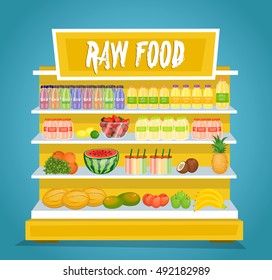 Raw Food Vector Concept. Flat Design. Fresh Fruits, Berries, Smoothies In Glasses And Juices In Bottles Lying On Rack Shelves. Healthy Fresh Meal In Supermarket. For Vegetarian Grocery Store Ad