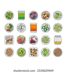 raw foodism food organic icons set vector. vegan detox, cleanse nutrition, superfoods enzymes, sprouts juicing, smoothies raw foodism food organic color line illustrations