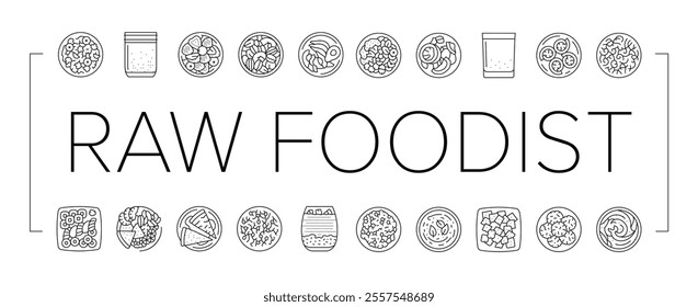 raw foodism food organic icons set vector. vegan detox, cleanse nutrition, superfoods enzymes, sprouts juicing, smoothies raw foodism food organic black contour illustrations