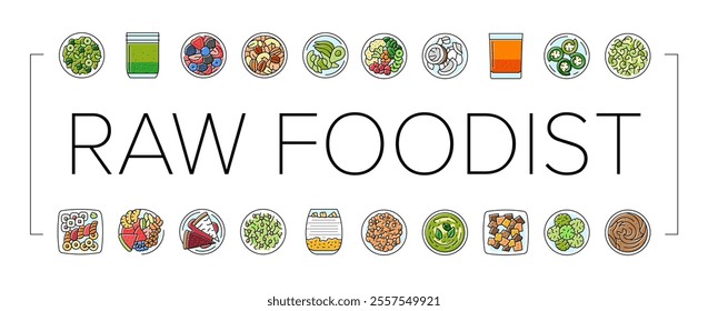 raw foodism food organic icons set vector. vegan detox, cleanse nutrition, superfoods enzymes, sprouts juicing, smoothies raw foodism food organic color line illustrations