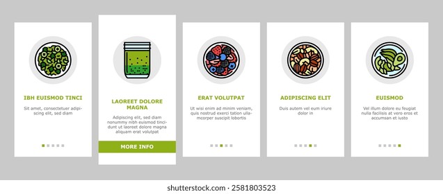 raw foodism food organic onboarding mobile vector vegan detox, cleanse nutrition, superfoods enzymes, sprouts juicing, smoothies raw foodism food organic illustrations