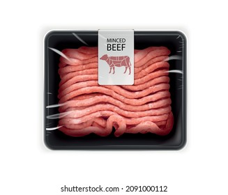 Raw forcemeat packaging in plastic serving tray with marking minced beef realistic mockup vector illustration