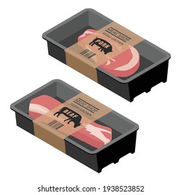 Rohes frisches Rindfleisch und Schweinefleischverpackungsdesign. Einzeln auf weißem Hintergrund. Isometrische Sicht. Vektorgrafik