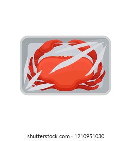 Raw fresh crab in the package with transparent wrap, food plastic tray container vector Illustration on a white background