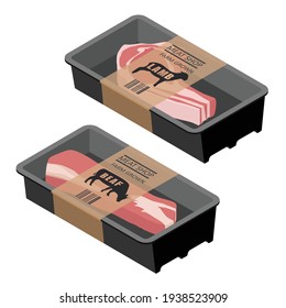 Raw fresh lamb and beef meat food packing design. Isolated on white background. Isometric view. Vector