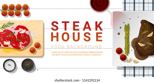 Raw fresh meat and grilled meat rib eye steak on white table , healthy food background , vector , illustration