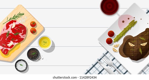 Raw fresh meat and grilled meat rib eye steak on white table , healthy food background , vector , illustration